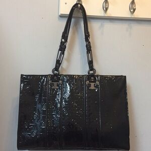 Tory Burch Glossy Black Patent Logo-Embossed Tote